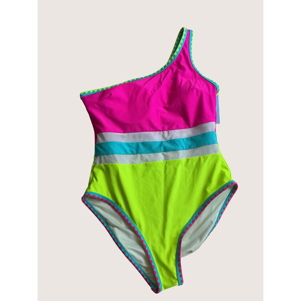 Popvil Neon Color Block One Shoulder One Piece Swimsuit Lime Pink Mesh Large NWT
